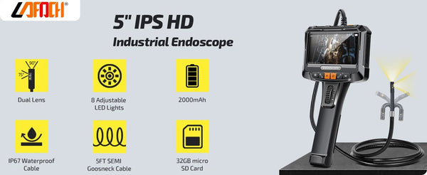 Lafoch S10 360 Rotating Dual Lens Endoscope - 3.9mm Probe, 5 - Inch IPS Display - stepyours.com
