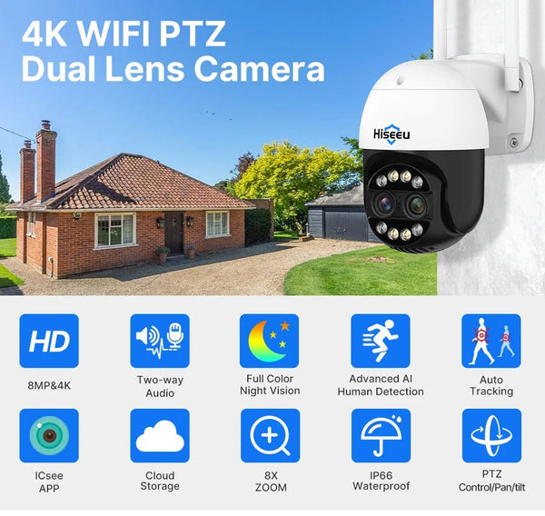 Hiseeu 4K 8MP Dual Lens PTZ WiFi IP Camera With 8X Zoom Night Vision Outdoor - stepyours.com