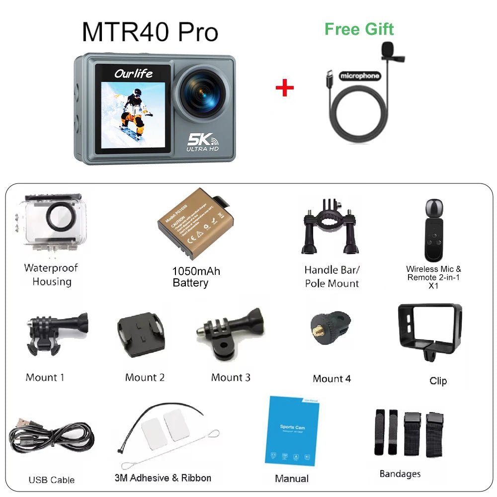 Ourlife MTR40 5K Action Camera IPS Touch Screen 170 Degree Waterproof 30M WiFi - stepyours.com