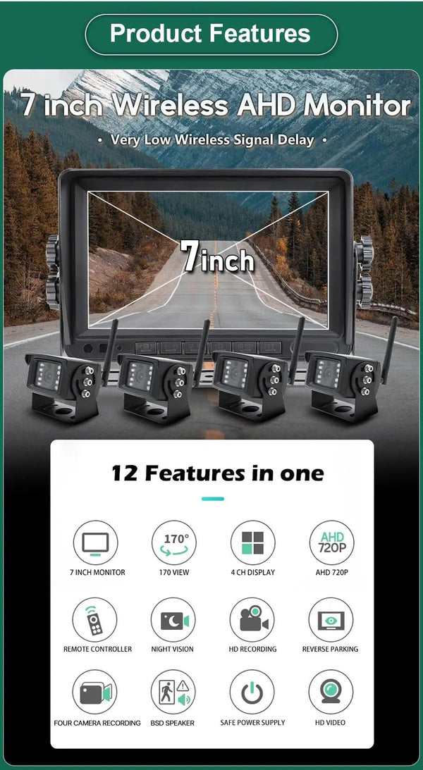 GreenYi 7 Inch 1280x720 AHD Wireless Truck DVR Monitor With Night Vision Camera - stepyours.com