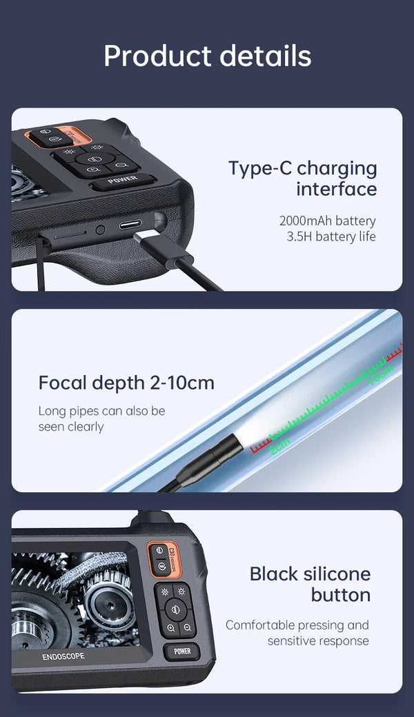 Industrial Endoscope Camera 4.3 Inch IPS Screen 1080P IP67 Waterproof Borescope - stepyours.com