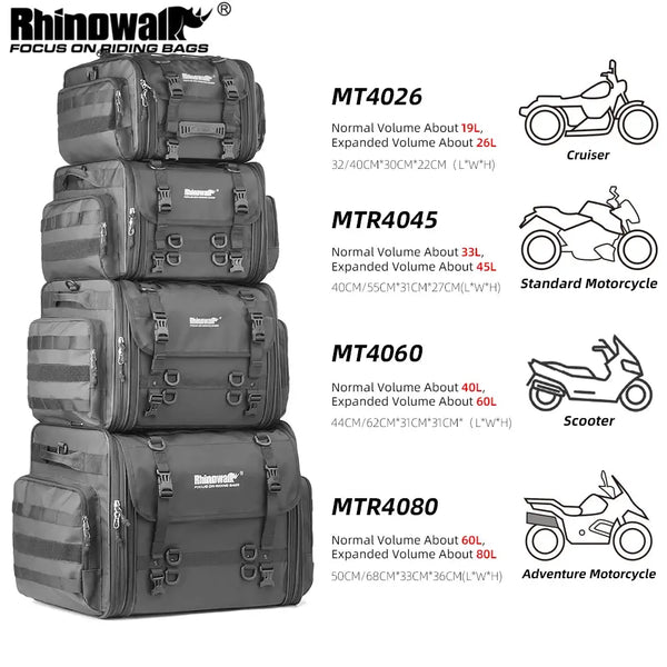 Rhinowalk Motorcycle Rear Seat Bag Travel Luggage Waterproof 19L-80L Expandable Motor Tail/Trunk/Rack Bag For Most Motorcycle