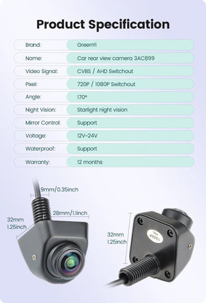 GreenYi 170 Degree AHD Car Rear View Camera Mini Fisheye 360 Degree Night Vision - stepyours.com