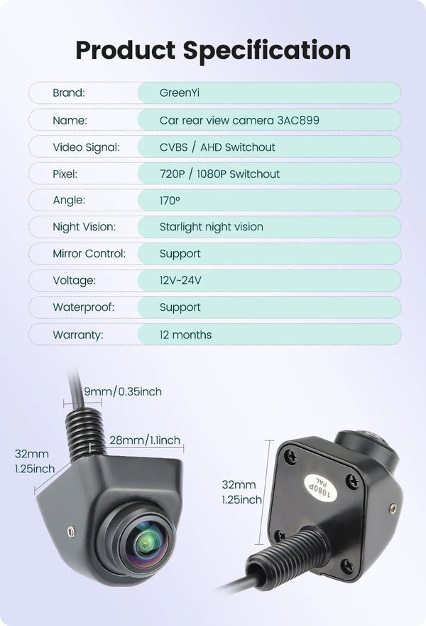 GreenYi 170 Degree AHD Car Rear View Camera Mini Fisheye 360 Degree Night Vision - stepyours.com