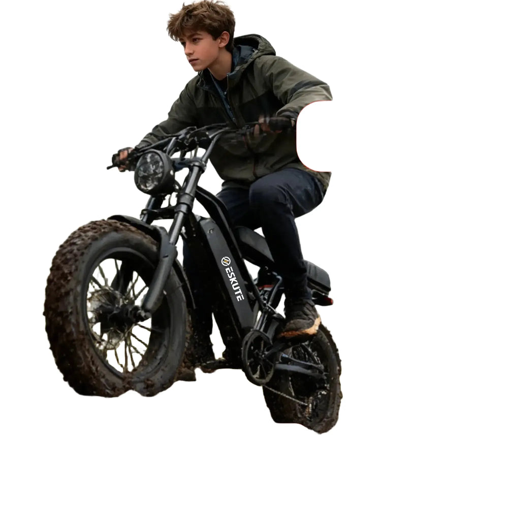 Eskute V100 Electric Dirt Bike, 1500W Peak 20MPH+ 48V13Ah Battery Motorcycle, All Terrain Dual Suspension E Bike , Ebike Up to 60 Miles Range, 16"x4" Fat Tire, 7-Speed，UL2849