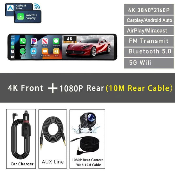 11.26 Inch 4K Dash Cam With CarPlay Android Auto Dual Lens WiFi GPS Bluetooth - stepyours.com