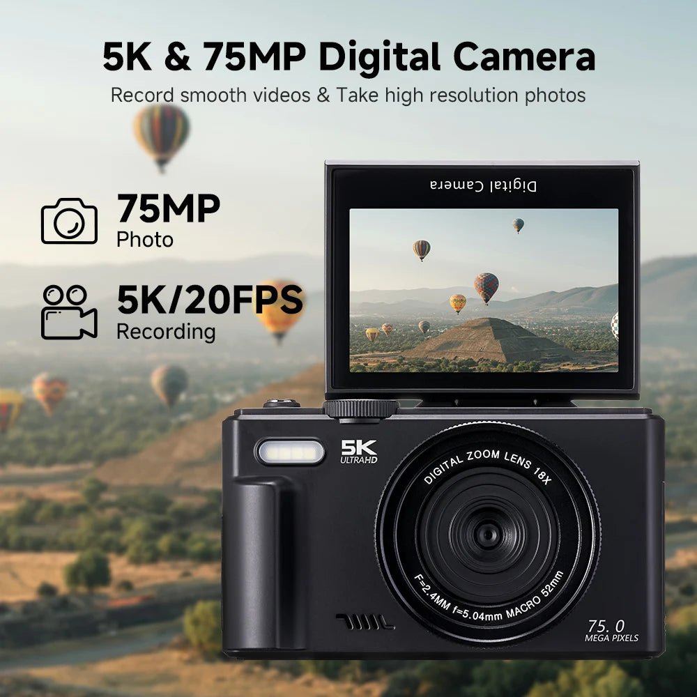 Amorus 5K Digital Camera 75MP 18X Zoom 180 Flip Screen WiFi For YouTube - stepyours.com
