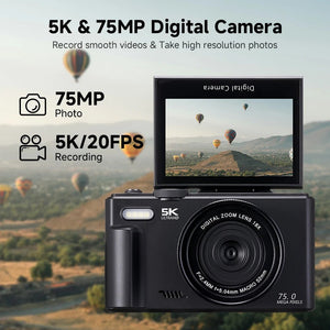 Amorus 5K Digital Camera 75MP 18X Zoom 180 Flip Screen WiFi For YouTube - stepyours.com