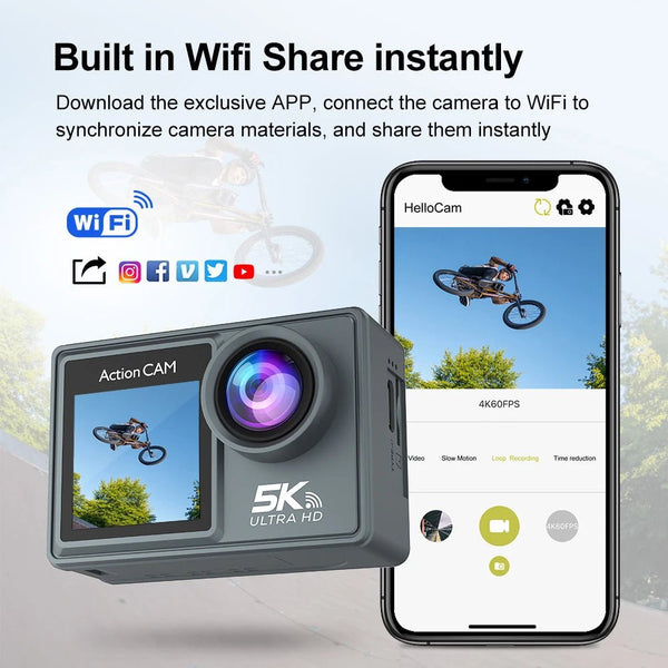 HUAFANT M4R Action Camera 5K 4K60FPS Waterproof 30m IPS Touch LCD 5X Zoom - stepyours.com