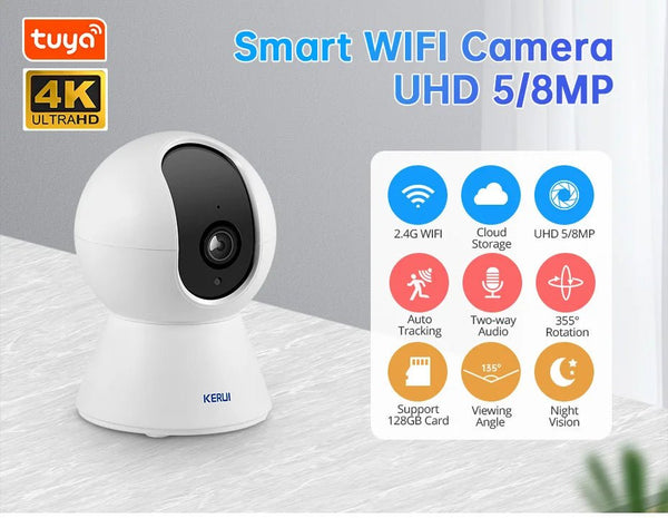 Kerui 5MP 8MP 4K Mini WiFi IP Camera - Tuya Auto Tracking Indoor Security Hooks - stepyours.com