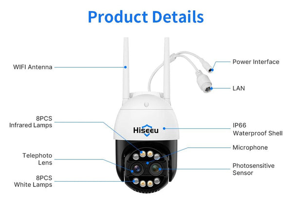 Hiseeu 4K 8MP Dual Lens PTZ WiFi IP Camera With 8X Zoom Night Vision Outdoor - stepyours.com