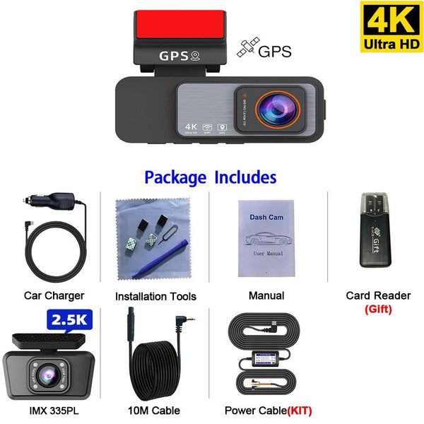 4K Dash Cam Car Camera With GPS WiFi Night Vision Dual Lens Rear View - stepyours.com