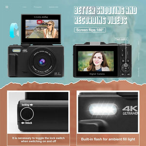 Compact 4K Digital Camera With 18X Zoom 180 Degree Flip Screen WiFi Vlog Cam - stepyours.com
