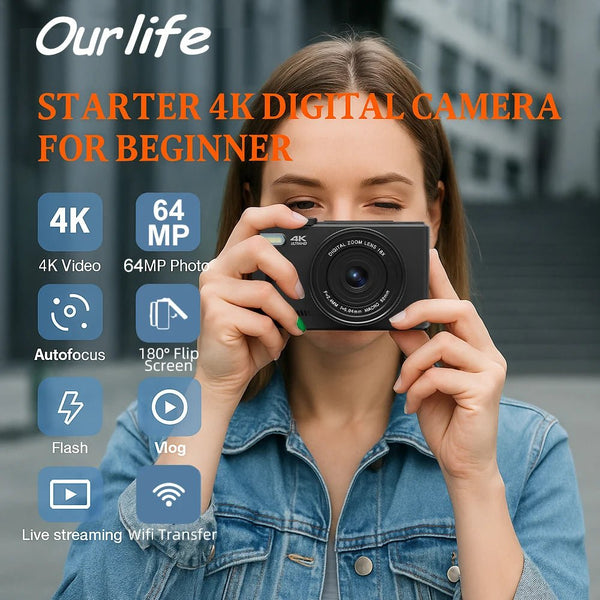 Ourlife AC600 4K Camera 64MP Autofocus 18x Zoom Flip Screen YouTube - stepyours.com