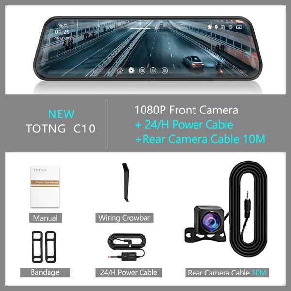 10 Inch Car Touch Screen Rear View Mirror Dash Cam Front And Rear Cameras - stepyours.com