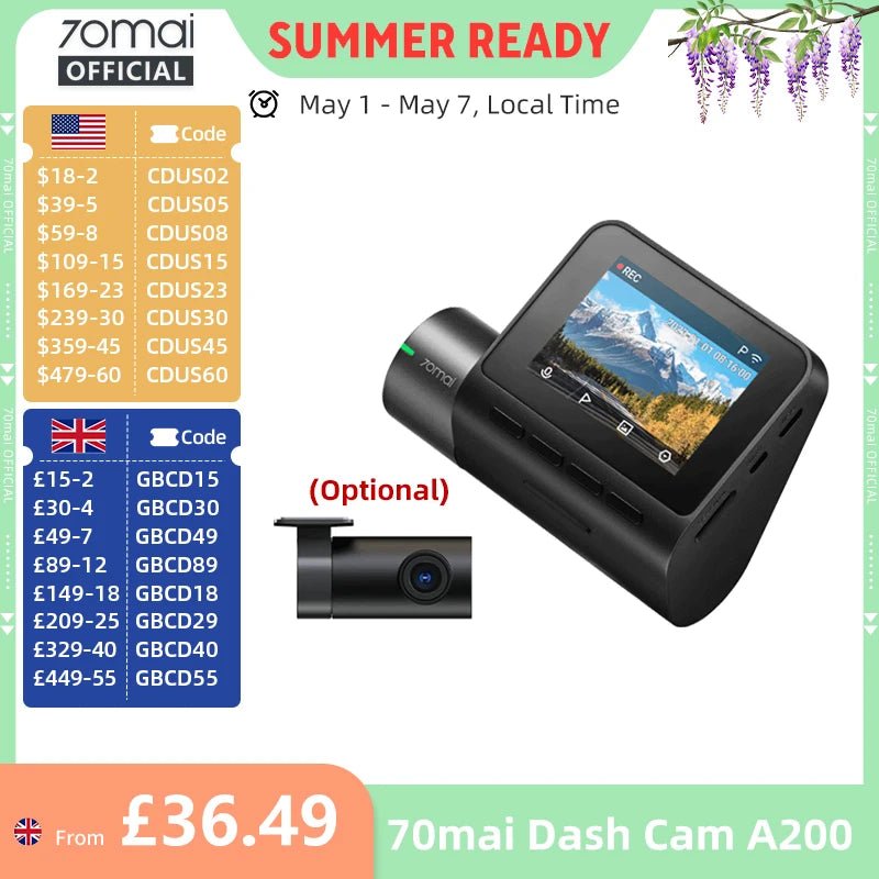 70mai A200 Dash Cam 2 Inch LCD Dual Channel 1080P Car DVR 24H Parking - stepyours.com