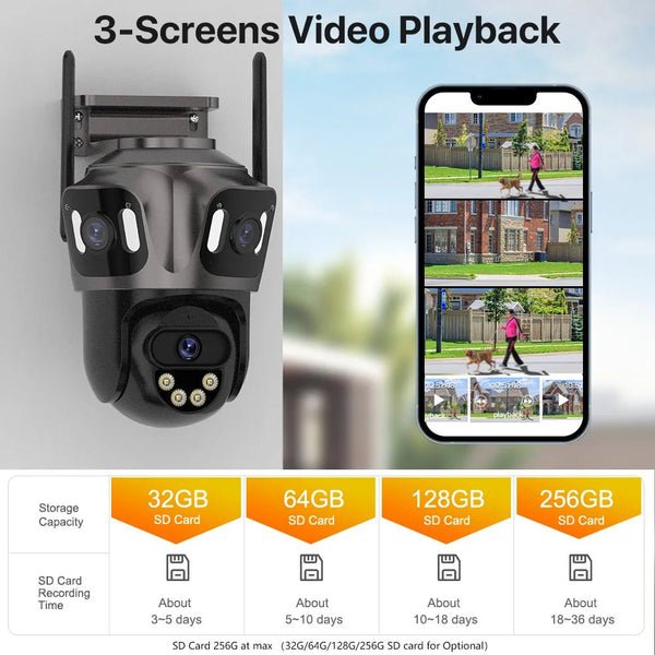 Three Screen WiFi IP Camera Outdoor 4K Tri Lens PTZ - AI Human Detection - stepyours.com
