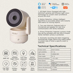 MOES Tuya WiFi Indoor Pan/Tilt Camera - 4MP HD Night Vision And Motion Alerts by stepyours.com
