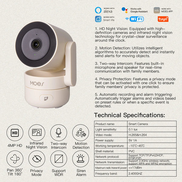 MOES Tuya WiFi Indoor Pan/Tilt Camera - 4MP HD Night Vision And Motion Alerts by stepyours.com