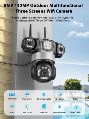 12MP Outdoor WiFi PTZ Camera With 6K HD Triple Lens Waterproof - stepyours.com