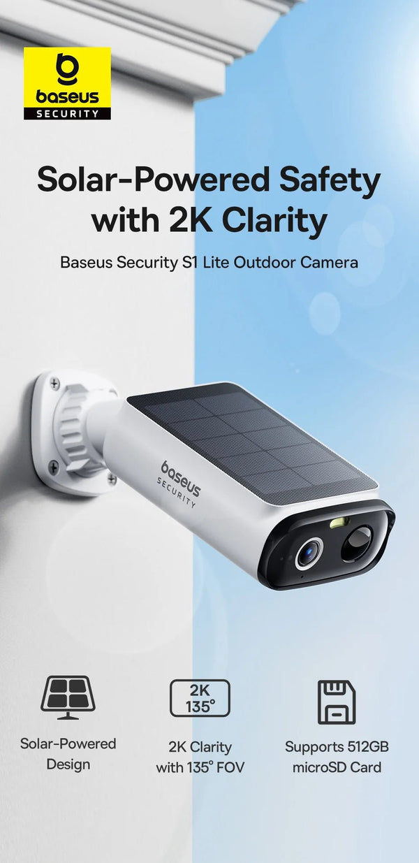 Baseus S1 Lite Solar Security Camera - 2K Wireless Outdoor With 135 Degree FOV - stepyours.com