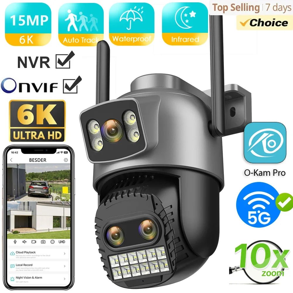 Outdoor Dual Screen IP Camera - 4K 15MP PTZ 10X Zoom AI Human Detection - stepyours.com