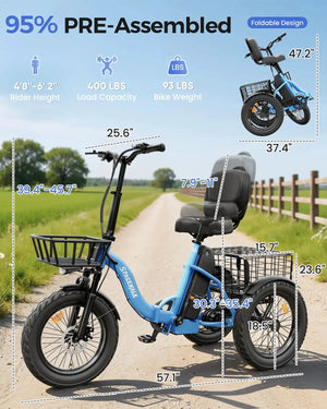 Spacewalk Electric Tricycle for Adults, Folding Trike Bike for Adults | 748.8Wh Removable Battery, Peak 1200W Motor, 18*3.0 Fat Tire, Step-Thru Electric Tricycle, Up to 60 Miles, 18MPH