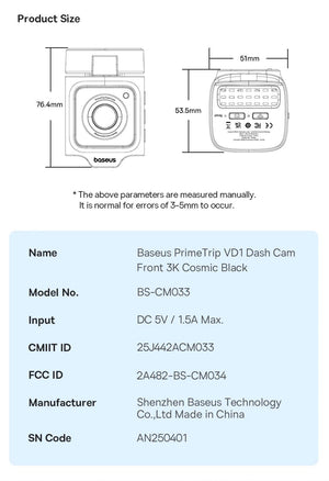 Baseus VD1 3K Dash Cam Front And Rear With GPS Supercapacitor 24H Parking - stepyours.com