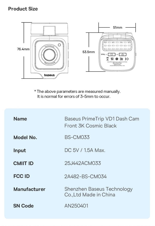 Baseus VD1 3K Dash Cam Front And Rear With GPS Supercapacitor 24H Parking - stepyours.com