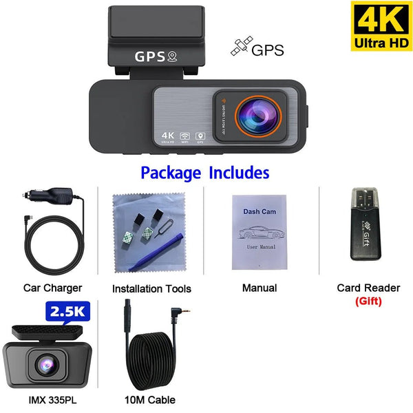 4K Dash Cam Car Camera With GPS WiFi Night Vision Dual Lens Rear View - stepyours.com