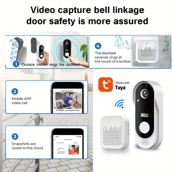 Tuya WiFi Video Doorbell - 2-Way Audio, Outdoor 1080P HD, SD+Cloud Storage, Motion Detection, Easy Setup & Live Alerts by stepyours.com