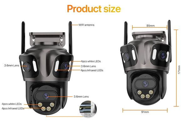 WONSDAR Three Screen WIFI IP Camera Outdoor - Dual Lens AI Human Detection Hooks by stepyours.com