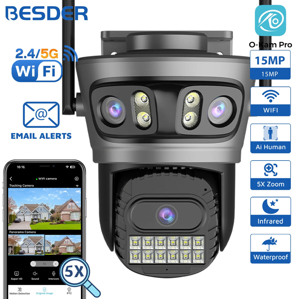BESDER 15MP WiFi Outdoor PTZ Camera With Auto Tracking 5X Digital Zoom CCTV - stepyours.com