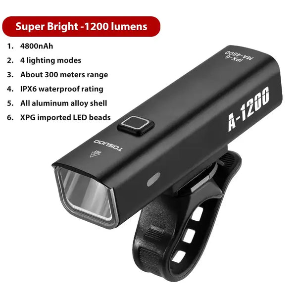 TOSUOD Bicycle Light 1000/1200/1500 Lumen Bike Headlight Power Bank Flashlight Handlebar USB Charging MTB Road Highlight