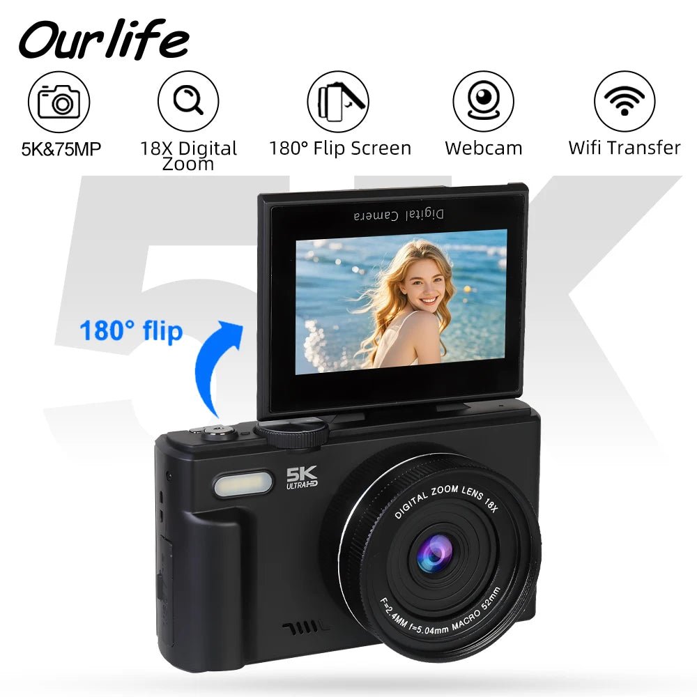 5K Compact Digital Camera With 18X Zoom 180 Degree Flip Screen For YouTube Vlog - stepyours.com