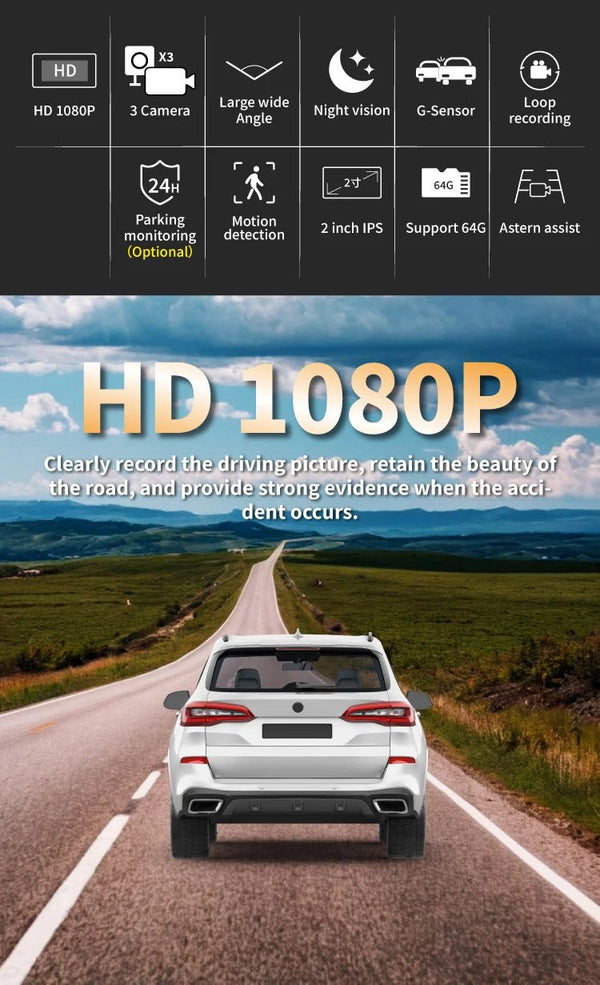 3 Channel Car Dash Camera 1080P Front Rear Cabin Night Vision - stepyours.com