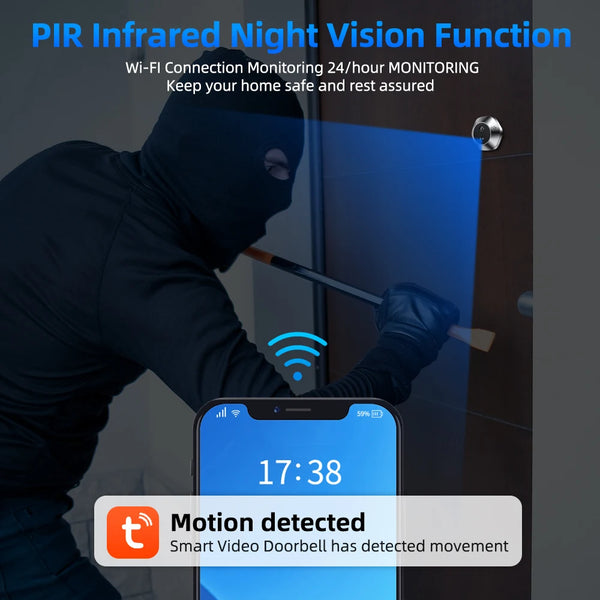 WSDCAM Mini Camera Two Way Talk Audio Doorbell Tuya Wifi Smart Video Peephole PIR Motion Detection APP Remote View by stepyours.com