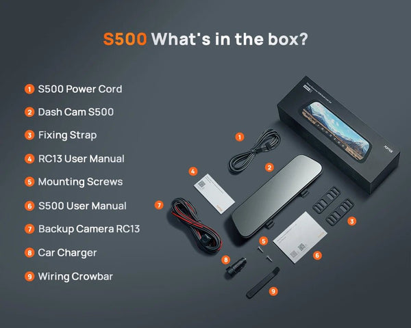 70mai S500 Rearview Dash Cam 9.35 Inch Touch Screen Dual Channel 3K HDR - stepyours.com