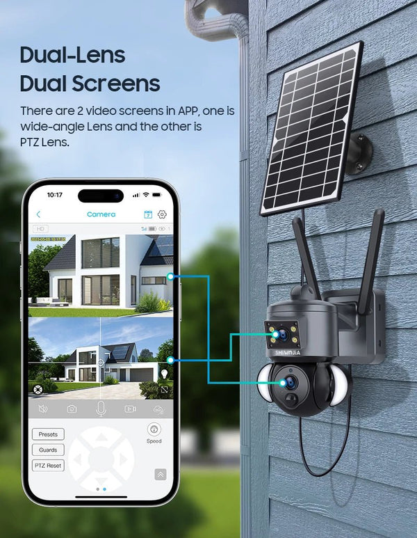 SHIWOJIA 4K 8MP Solar Camera With 4G SIM WiFi Color Night Vision PTZ Dual Lens - stepyours.com