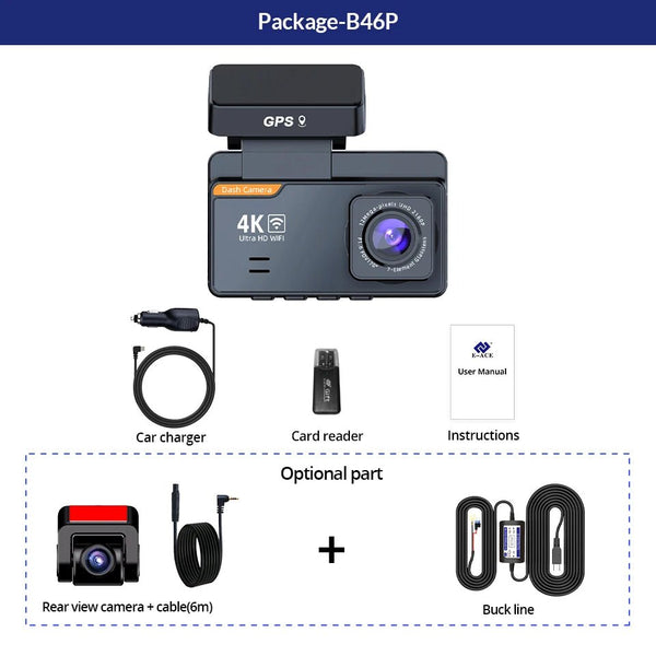 E - ACE Dash Cam 4K Dual Lens GPS WiFi 24h Parking Night Vision Rear View - stepyours.com