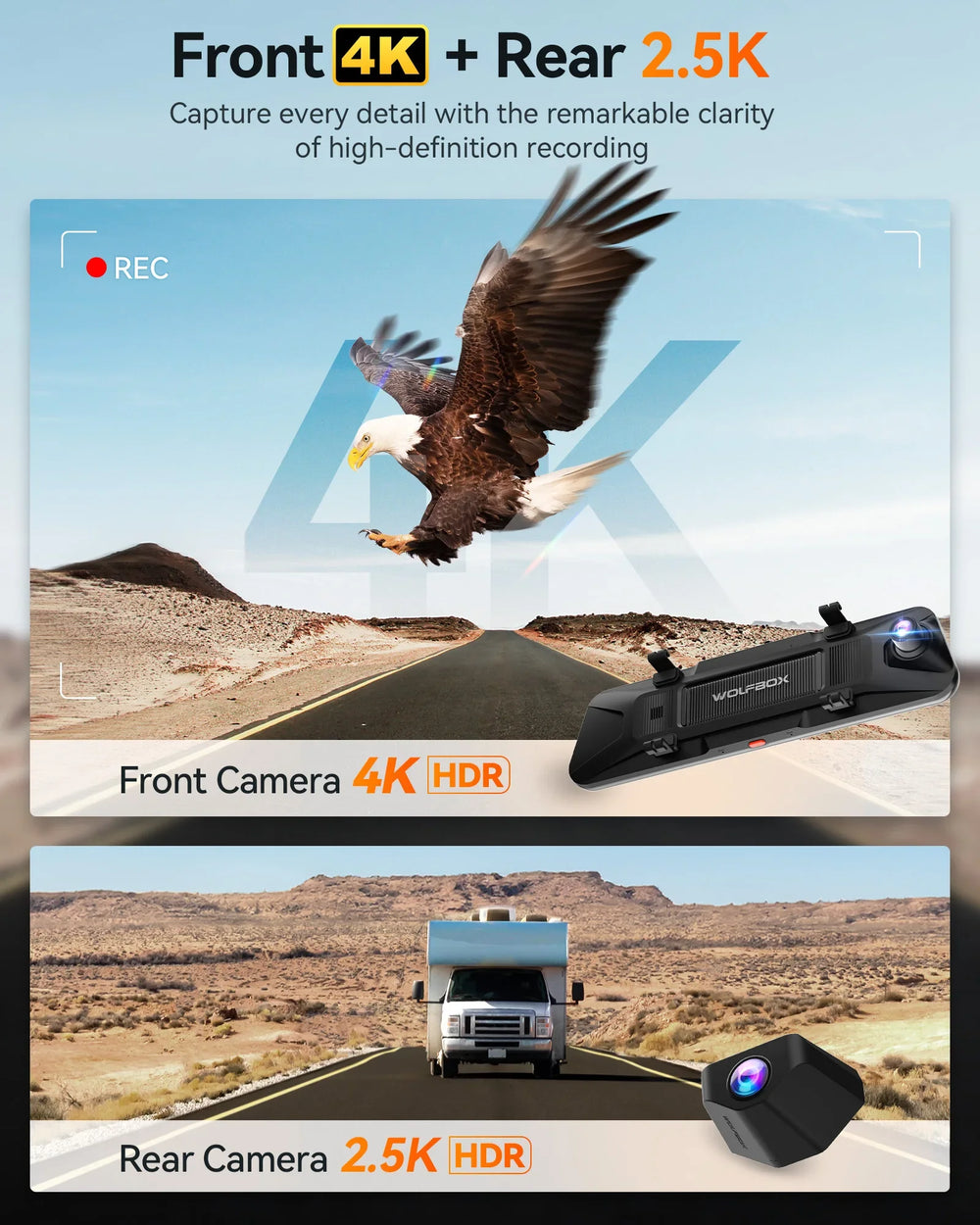 WOLFBOX G900 Dash Cam 4K Front 2.5K Rear GPS Voice Control 5GHz WiFi - stepyours.com