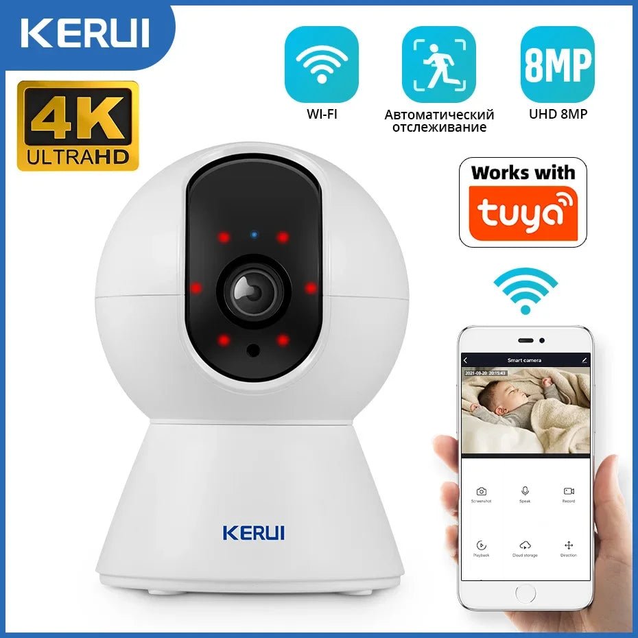 Kerui 5MP 8MP 4K Mini WiFi IP Camera - Tuya Auto Tracking Indoor Security Hooks - stepyours.com