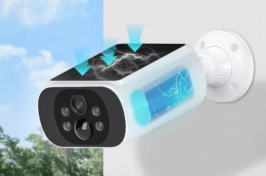 Solar-powered security camera with battery illustration and text on standby time and wake-up frequency.